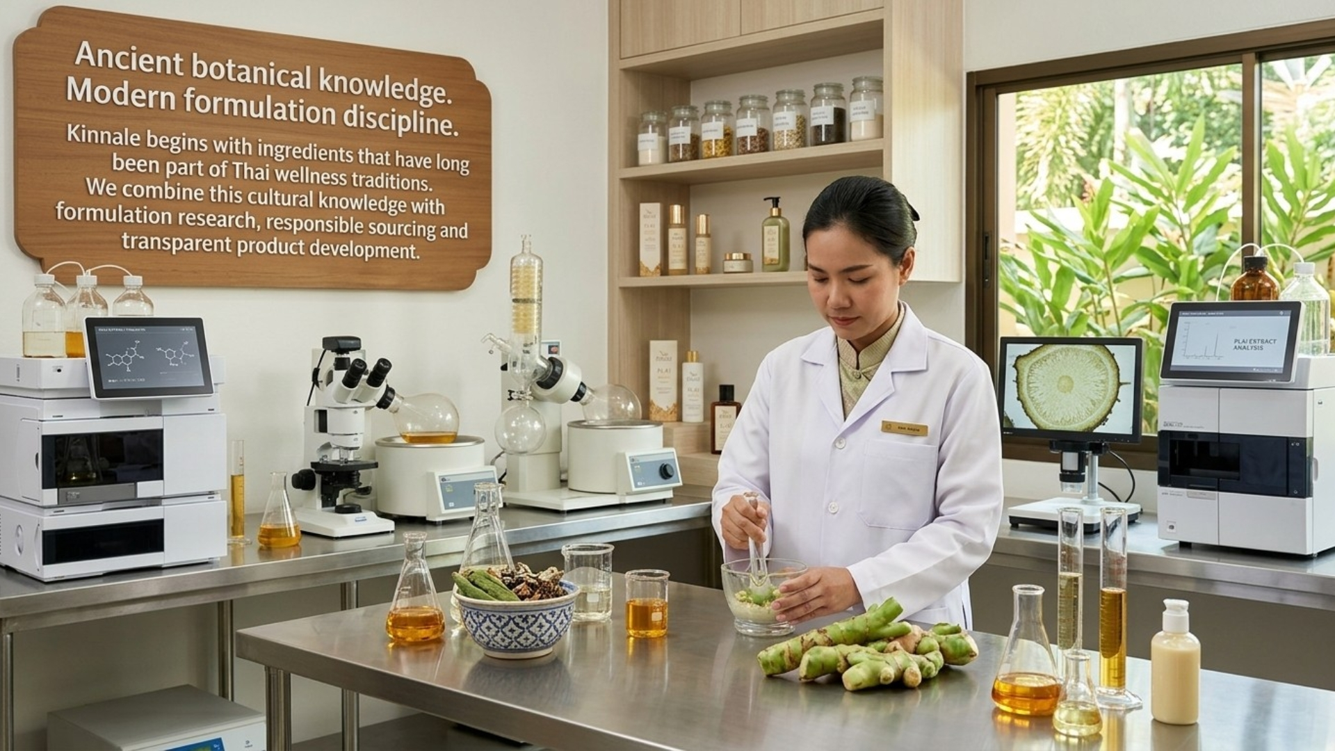 Kinnale formulation scientist preparing Plai material in a laboratory with analytical instruments
