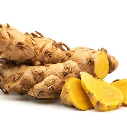 Fresh Plai rhizome (Zingiber cassumunar) whole and sliced, showing its golden interior